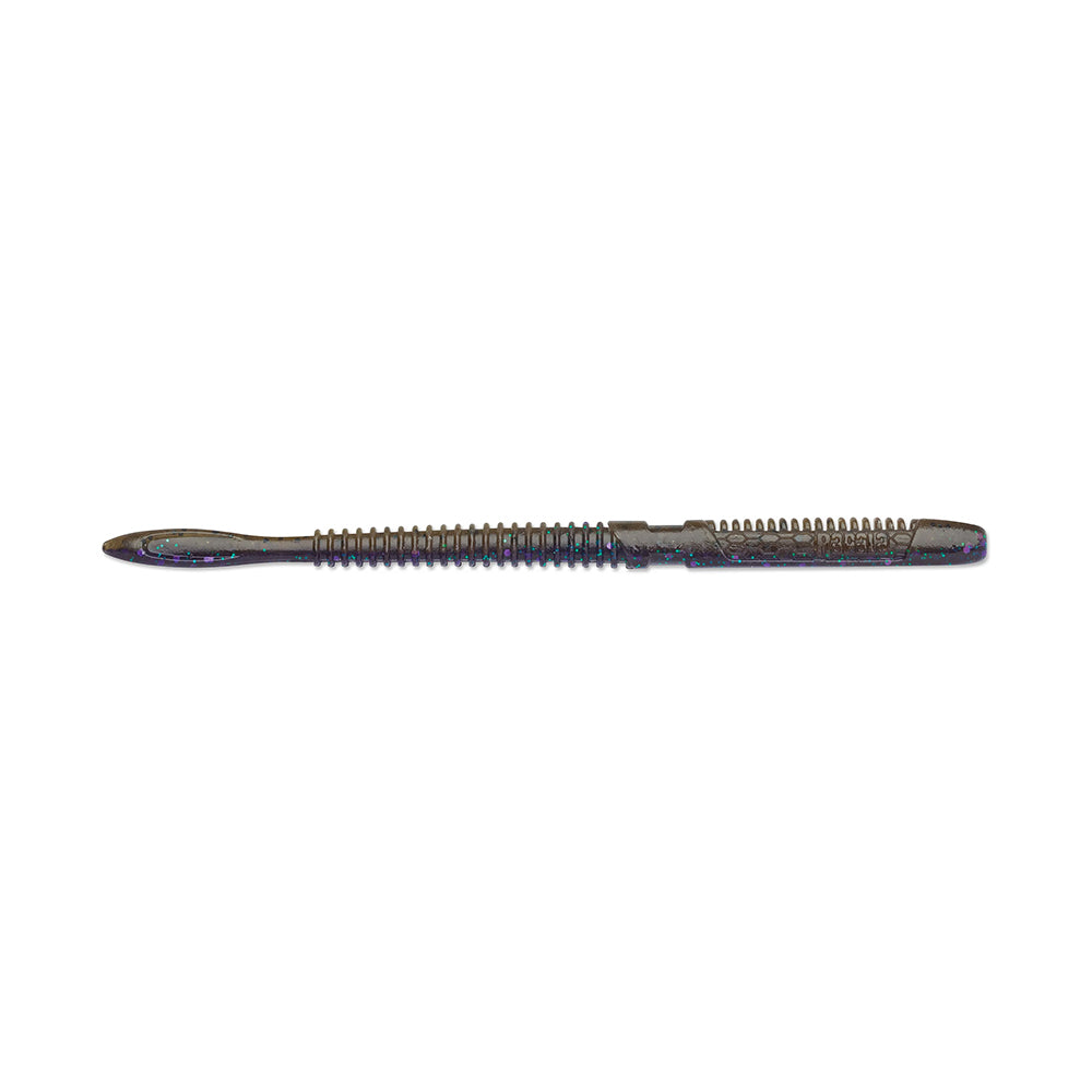The Rapala Crush City Janitor Worm is a soft plastic fishing lure resembling a live bait. It features a dark, reflective sheen and a segmented, ribbed body with a paddle tail and hook groove, designed to tackle tough tasks.