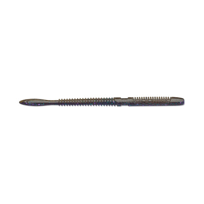 The Rapala Crush City Janitor Worm is a soft plastic fishing lure resembling a live bait. It features a dark, reflective sheen and a segmented, ribbed body with a paddle tail and hook groove, designed to tackle tough tasks.