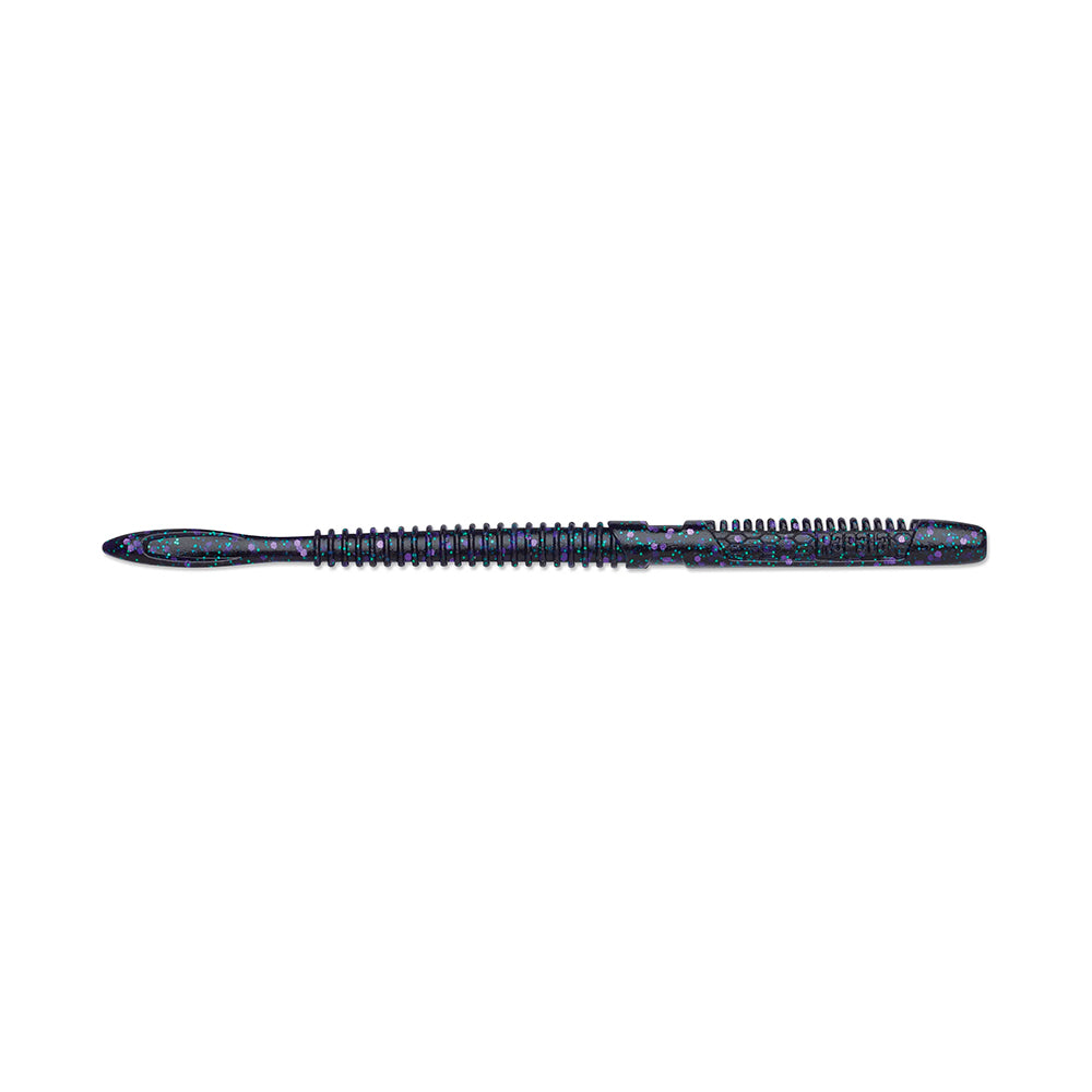 The Rapala Crush City Janitor Worm, by Rapala, is a black and blue fishing lure with ribbed segments and a paddle tail, resembling a fearless worm to mimic fish bait.