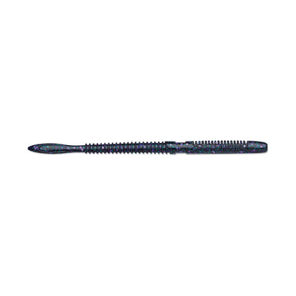 The Rapala Crush City Janitor Worm, by Rapala, is a black and blue fishing lure with ribbed segments and a paddle tail, resembling a fearless worm to mimic fish bait.