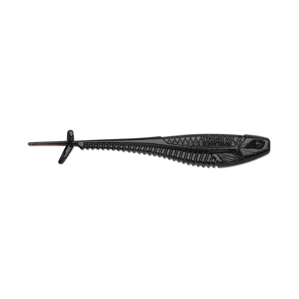 The Rapala Crush City Mooch Minnow, a soft plastic swimbait by Rapala, features a fish-like design with a long, slender body and ribbed texture. Its small paddle tail enhances its sleek black color, making it an ideal lure for anglers.