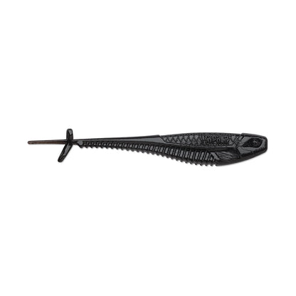 The Rapala Crush City Mooch Minnow, a soft plastic swimbait by Rapala, features a fish-like design with a long, slender body and ribbed texture. Its small paddle tail enhances its sleek black color, making it an ideal lure for anglers.
