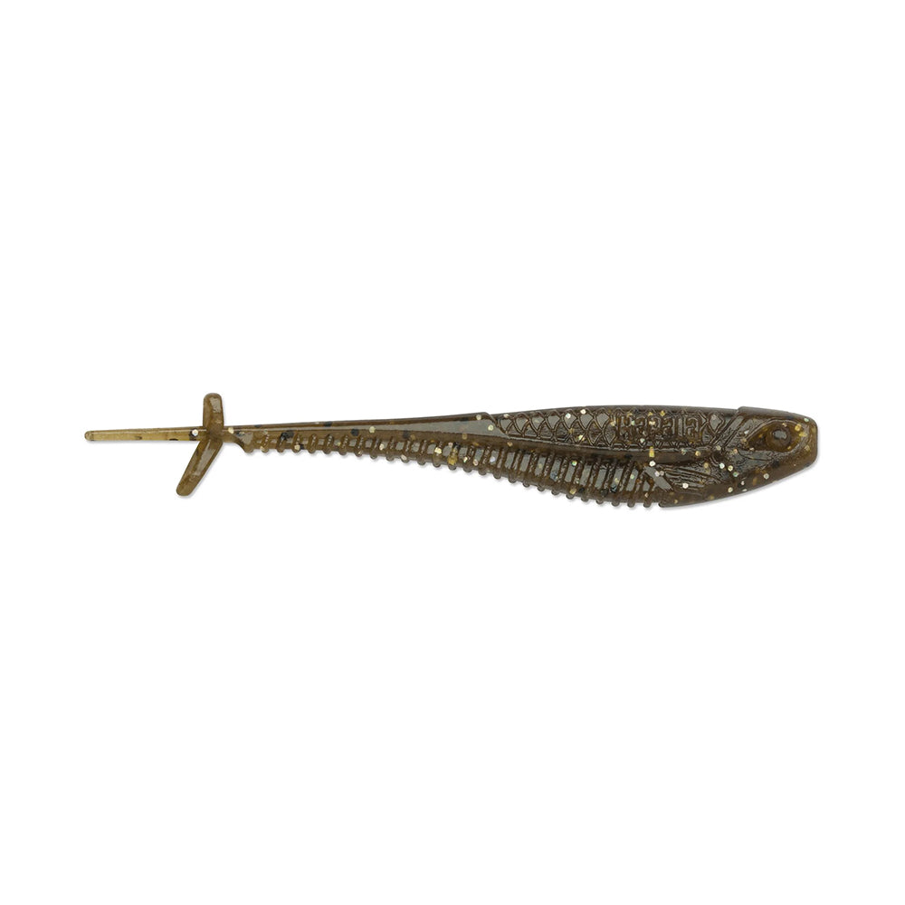 The Rapala Crush City Mooch Minnow is a detailed, transparent brown plastic swimbait designed for fishing, featuring a fish shape with a ribbed body and split tail.