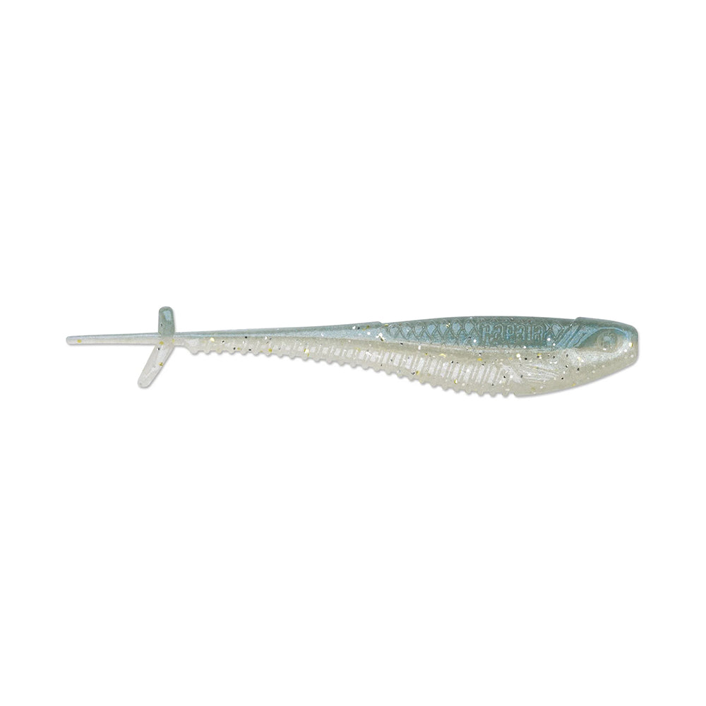 Meet the Rapala Crush City Mooch Minnow, a soft plastic swimbait that mimics a small fish with its translucent body, subtle blue dorsal hint, and specks. Its forked tail enhances realism, making it an irresistible lure for anglers.