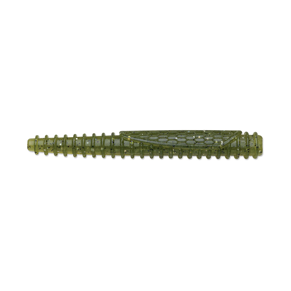 The Rapala Crush City Ned BLT is a green, ribbed TPE fishing lure with a cylindrical body and textured surface. It features an elongated shape, patterned design, and tapered end—ideal for bass fishing enthusiasts.
