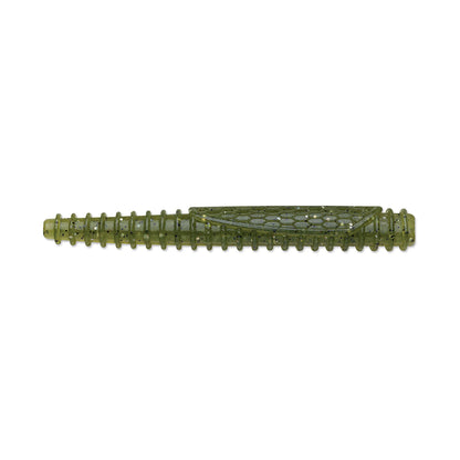 The Rapala Crush City Ned BLT is a green, ribbed TPE fishing lure with a cylindrical body and textured surface. It features an elongated shape, patterned design, and tapered end—ideal for bass fishing enthusiasts.