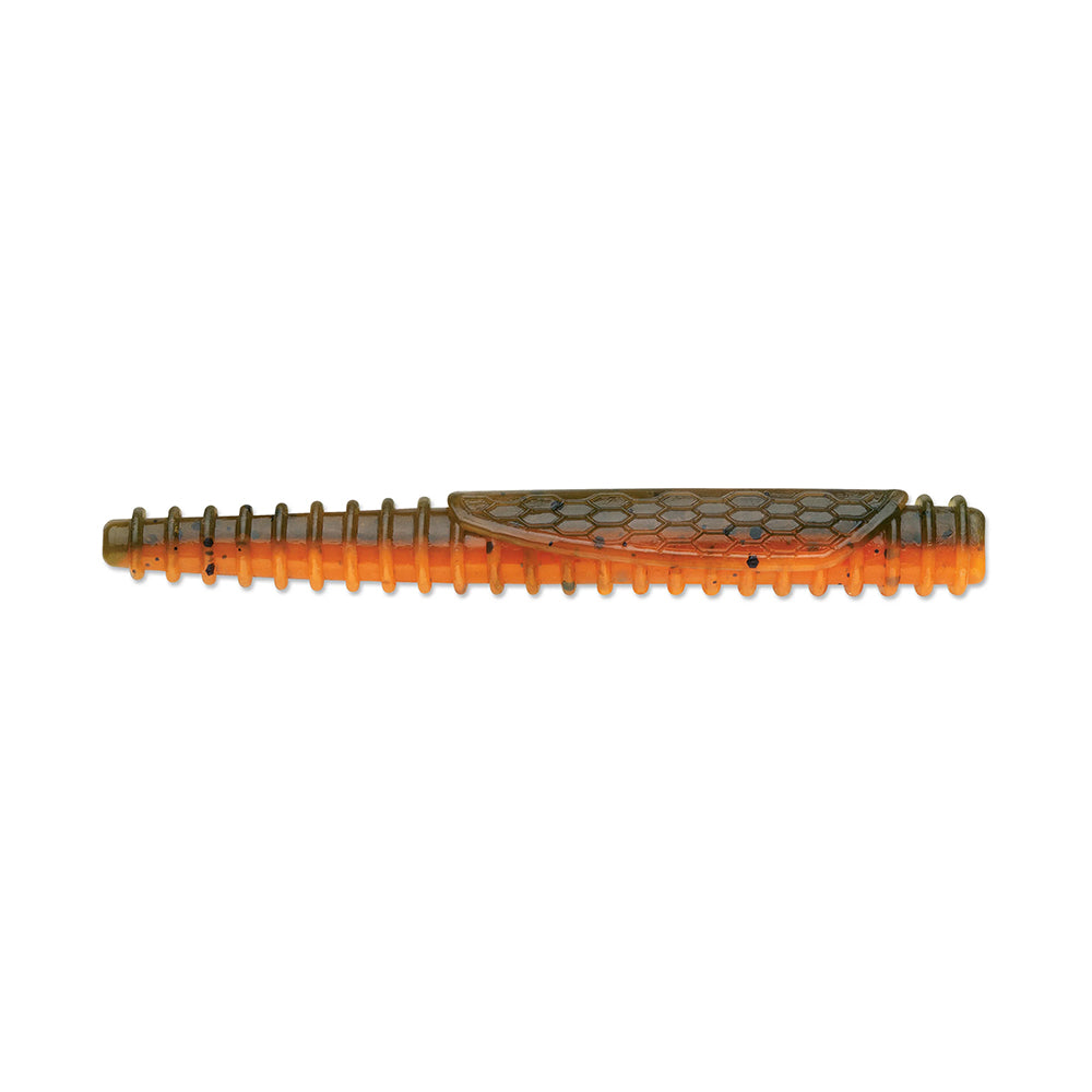 The Rapala Crush City Ned BLT is a segmented orange lure made from durable TPE material, featuring a honeycomb-patterned center to mimic a worm or insect. Designed for bass fishing, its multiple sections enhance flexibility and realism in water.