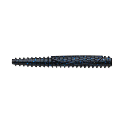 The Rapala Crush City Ned BLT by Rapala is a black object resembling a closed pen with a textured blue pattern and ribbed design. Crafted from TPE material, it features a pointed tip and attached belt clip, making it ideal for tasks like bass fishing.