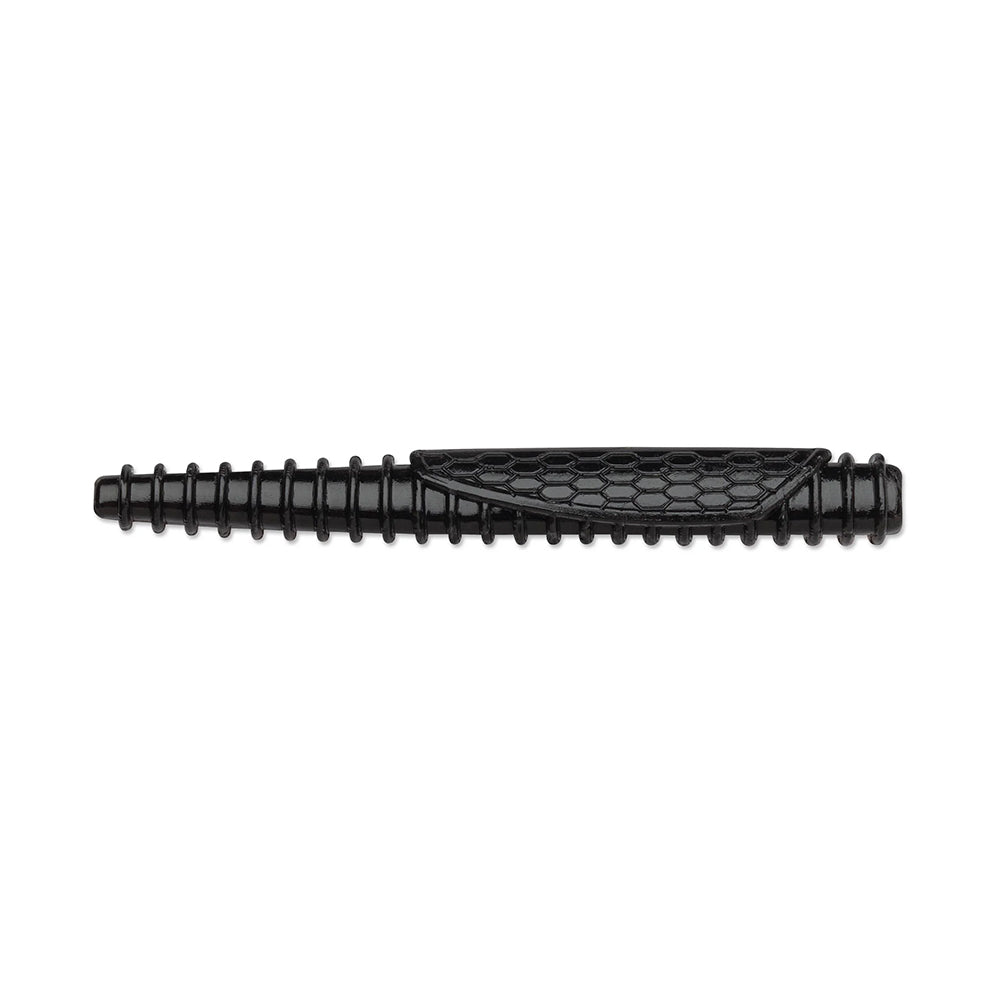 The Rapala Crush City Ned BLT, a black rod made of TPE, features a textured spiked surface with a hexagonal pattern on its flat panel. Resembling an extendable baton or martial arts weapon, it lies horizontally on a white background.