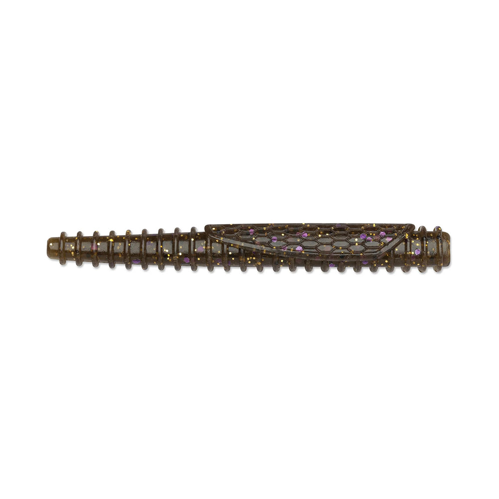 The Rapala Crush City Ned BLT by Rapala is a dark metallic pen crafted from TPE material. It lies horizontally, featuring a textured surface with a scale-like pattern and decorated with purple gemstones.