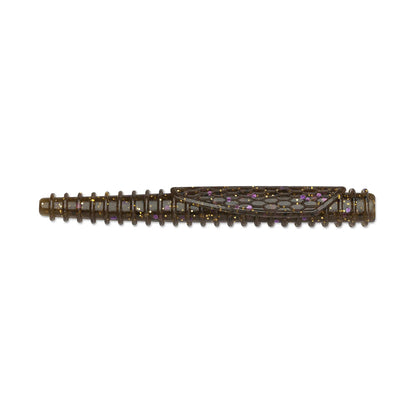 The Rapala Crush City Ned BLT by Rapala is a dark metallic pen crafted from TPE material. It lies horizontally, featuring a textured surface with a scale-like pattern and decorated with purple gemstones.