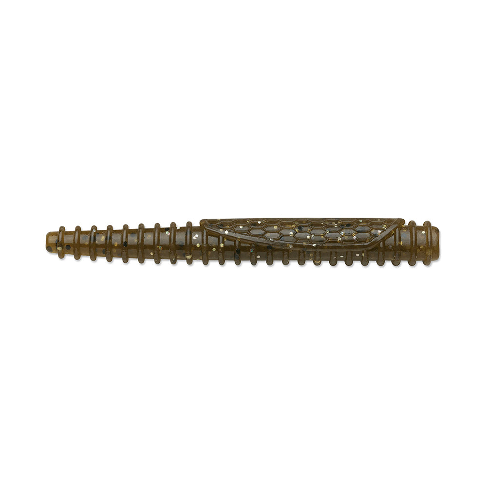 The Rapala Crush City Ned BLT by Rapala is a brown soft plastic stick bait for bass fishing, featuring a ribbed texture and a flat, decorative midsection, crafted from durable TPE material.