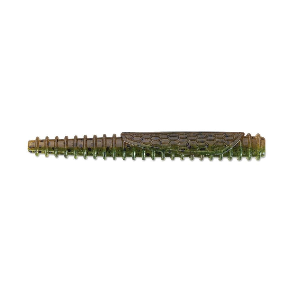 The Rapala Crush City Ned BLT, designed by Rapala for bass fishing, is a realistic green and brown lure made from TPE. It mimics a worm with its tapered body, ridges along its length, and hexagonal scale patterns on one side, making it ideal for attracting fish.