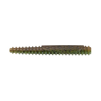 The Rapala Crush City Ned BLT, designed by Rapala for bass fishing, is a realistic green and brown lure made from TPE. It mimics a worm with its tapered body, ridges along its length, and hexagonal scale patterns on one side, making it ideal for attracting fish.
