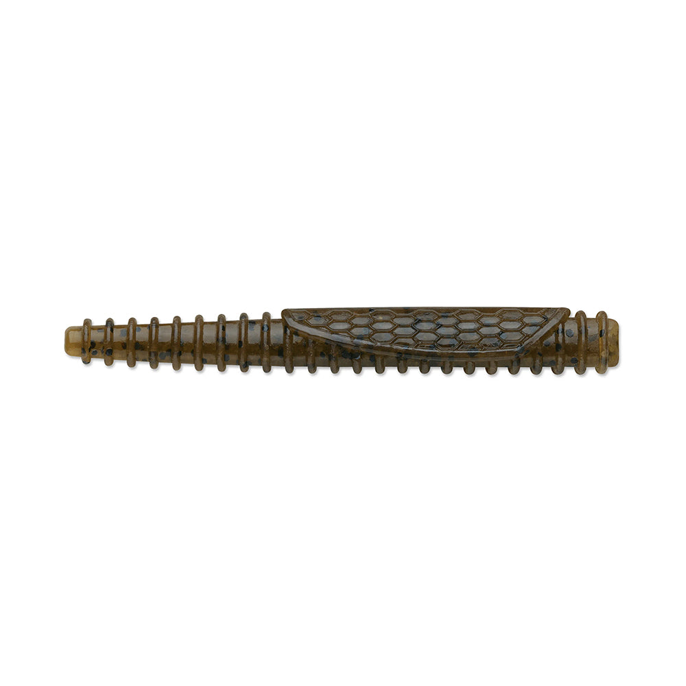 The Rapala Crush City Ned BLT, by Rapala, is a brown ribbed TPE plastic object with a textured honeycomb pattern and tapered end, resembling a cylindrical mechanical component ideal for upgrading your bass fishing gear.