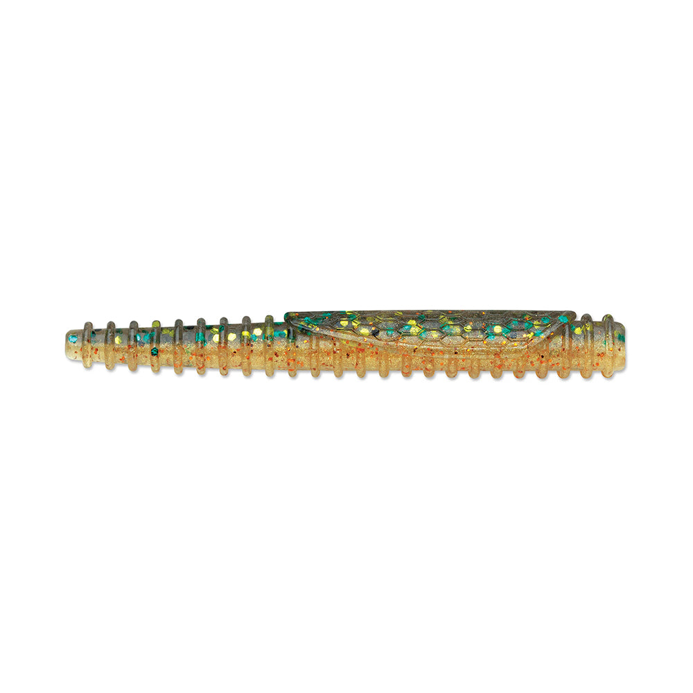The Rapala Crush City Ned BLT, by Rapala, is a segmented cylindrical TPE lure with a green top and orange underside. Designed for bass fishing, it features small, colorful reflective specks to attract fish.