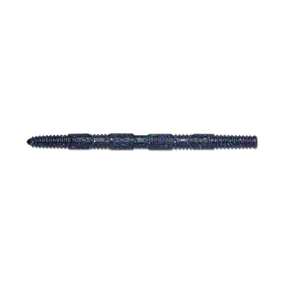 The Rapala Crush City Pigstick by Rapala is a dual-sided dart shaft with an intricate pattern and dark iridescent finish, showcasing blue, green, and purple hues. It features textured grips and threaded tips on both ends for easy attachment.