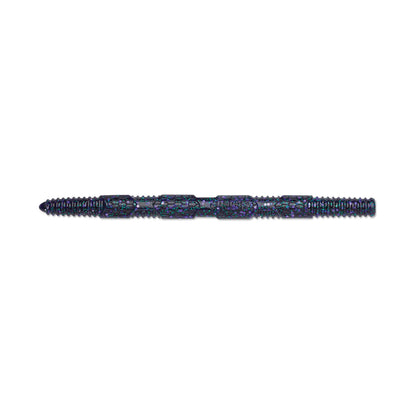The Rapala Crush City Pigstick by Rapala is a dual-sided dart shaft with an intricate pattern and dark iridescent finish, showcasing blue, green, and purple hues. It features textured grips and threaded tips on both ends for easy attachment.