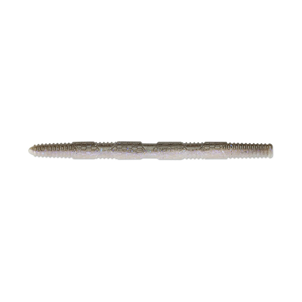 Close-up of the Rapala Crush City Pigstick, displaying its intricate, metallic texture with double-ended threading. Like a finely crafted bass instrument by Rapala, it features evenly spaced threads and engraved patterns in a symmetrical design against a plain white background.
