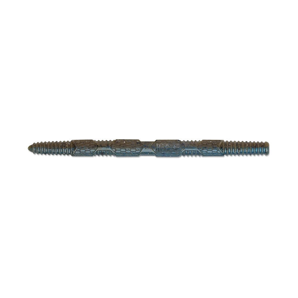 The Rapala Crush City Pigstick is a blue-gray, hexagonal double-ended tap wrench with threaded ends and a textured grip in the middle, reminiscent of a bass guitar neck, isolated on a white background.
