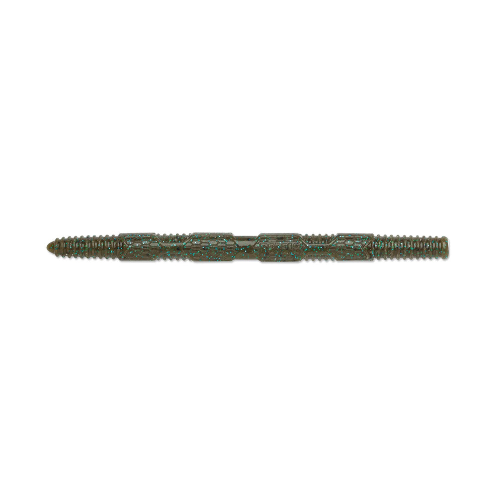 The Rapala Crush City Pigstick, by Rapala, is a segmented, cylindrical fishing lure with a textured surface and dark green color. Its ribbed sections mimic a worm's movement while shimmering reflective specks make it irresistible for bass, ensuring success every time.