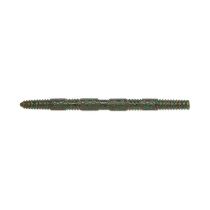 The Rapala Crush City Pigstick, by Rapala, is a segmented, cylindrical fishing lure with a textured surface and dark green color. Its ribbed sections mimic a worm's movement while shimmering reflective specks make it irresistible for bass, ensuring success every time.
