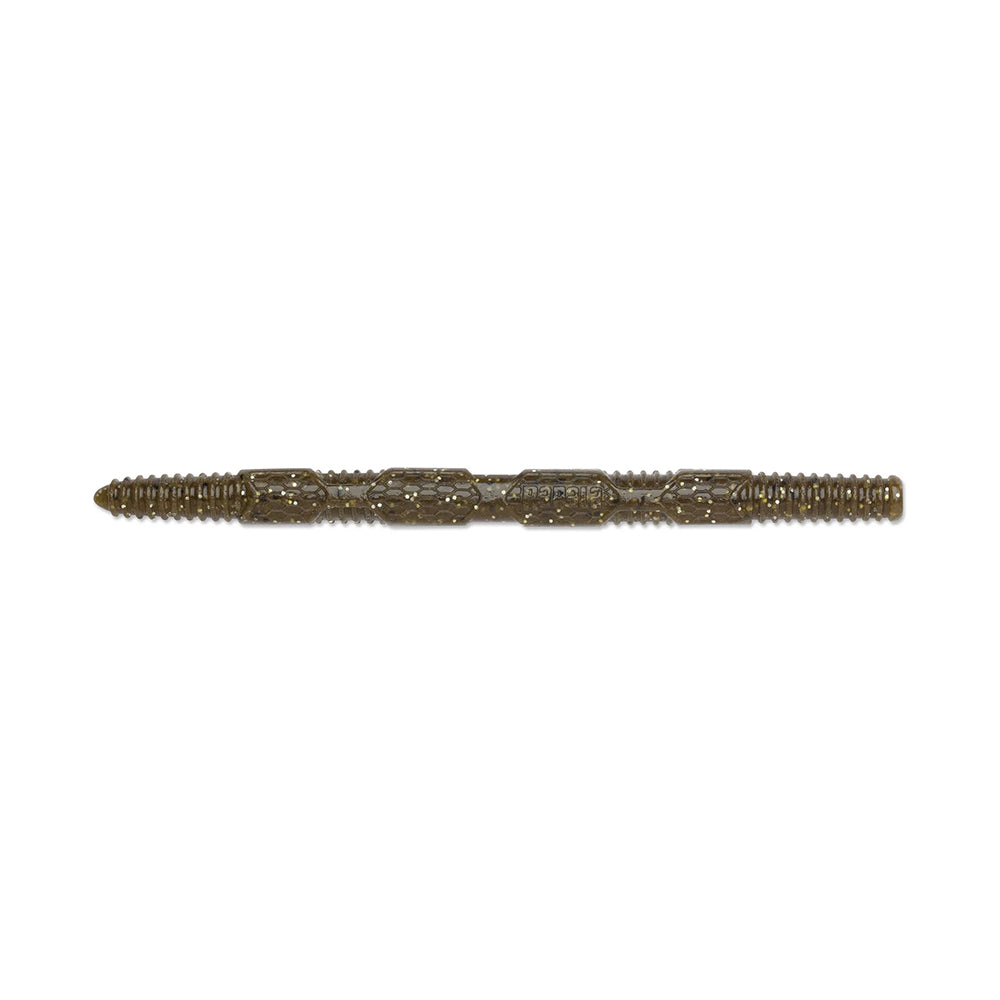 A close-up of the Rapala Crush City Pigstick, a metal double-ended tool by Rapala, reminiscent of a sleek bass tuning peg. It features intricate geometric patterns centrally, with threaded ends for fastening or connection. The metal has a dark, aged finish.
