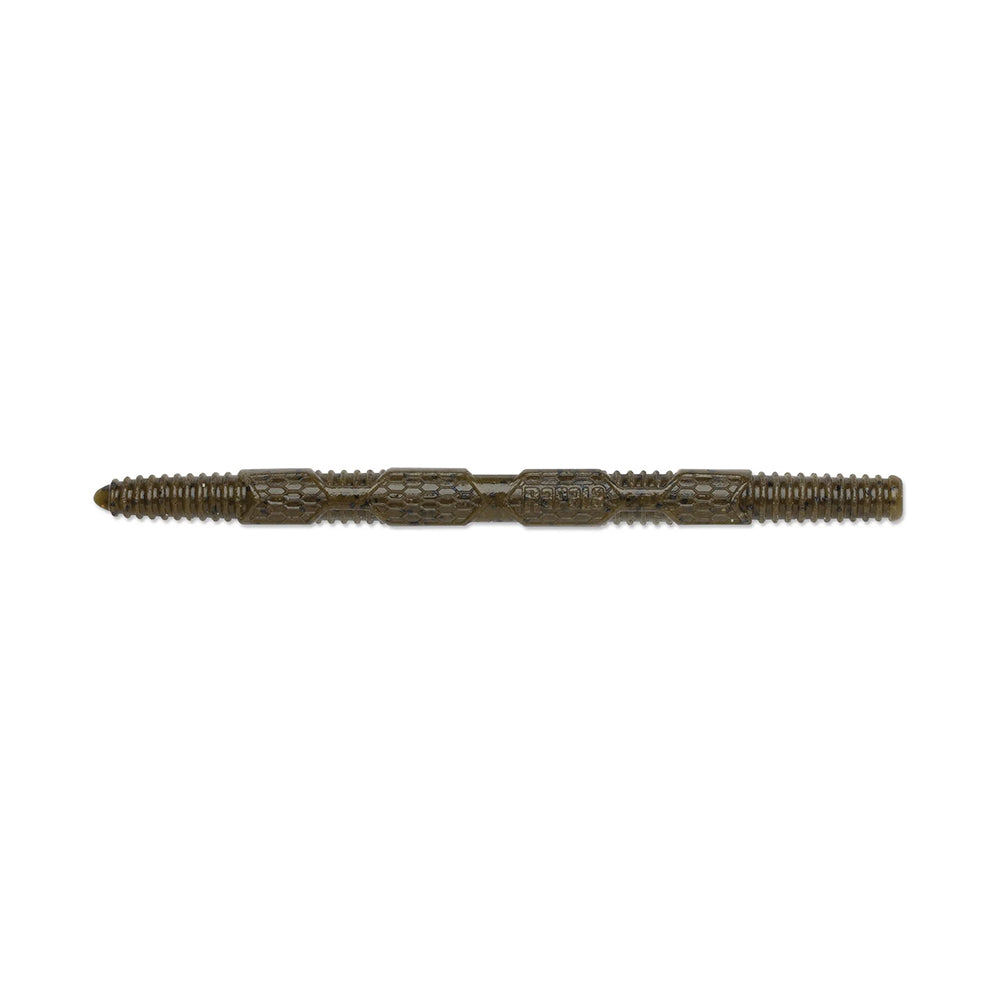 The Rapala Crush City Pigstick, a grooved pen with intricate patterns and dark green color resembling reptile scales like a shimmering bass in sunlight, captures attention instantly against a plain white background.