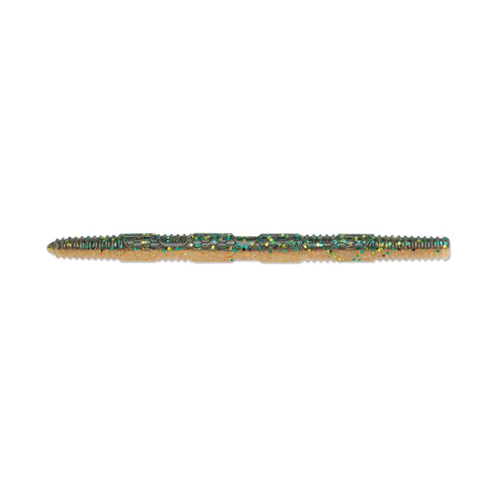 A close-up of the Rapala Crush City Pigstick, a segmented lure resembling a worm designed for bass fishing. It features a reflective finish with shiny green and yellow speckles.