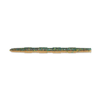 A close-up of the Rapala Crush City Pigstick, a segmented lure resembling a worm designed for bass fishing. It features a reflective finish with shiny green and yellow speckles.
