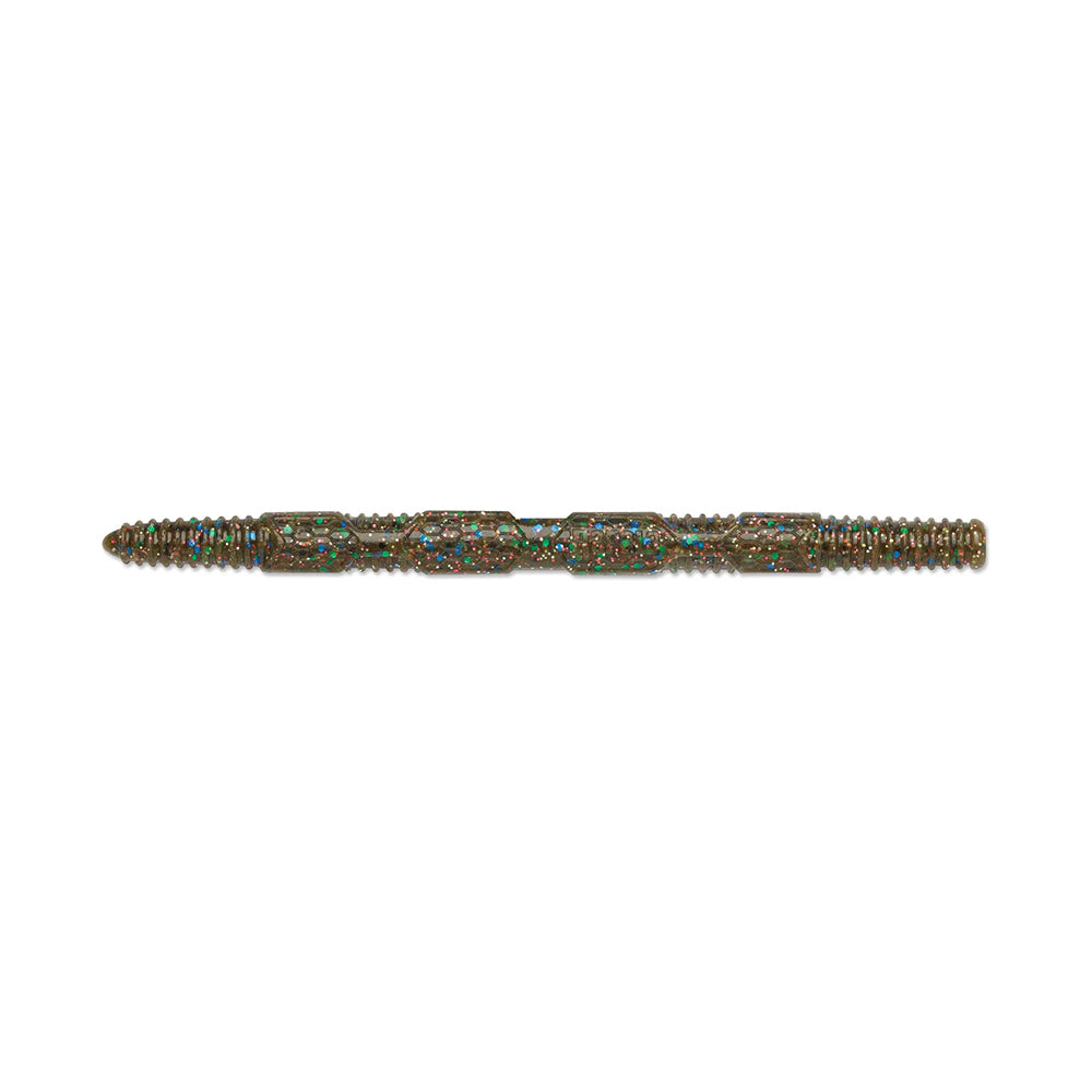 The Rapala Crush City Pigstick is a green, elongated fishing lure with a segmented, textured body and colorful speckles ideal for attracting bass, elegantly displayed against a plain white background.
