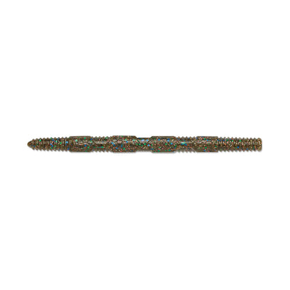 The Rapala Crush City Pigstick is a green, elongated fishing lure with a segmented, textured body and colorful speckles ideal for attracting bass, elegantly displayed against a plain white background.