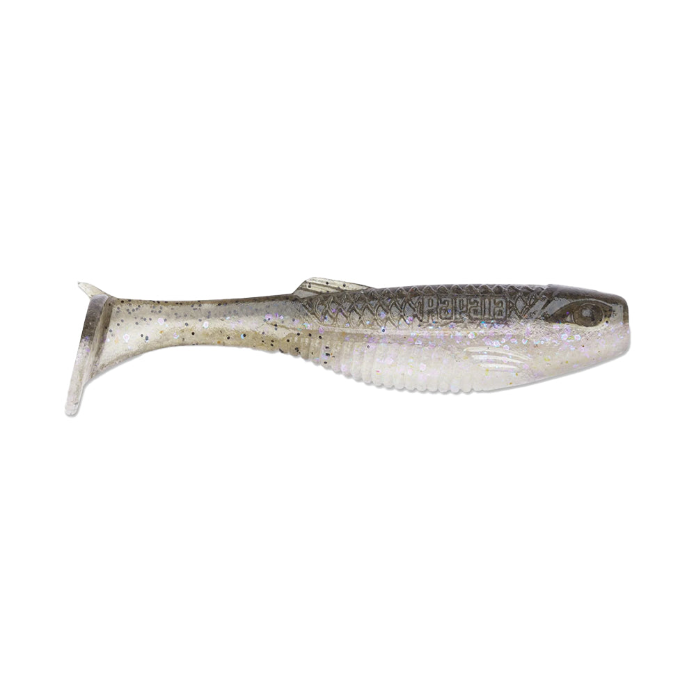 A close-up of the Rapala Crush City The Mayor Swimbait shows its gray, translucent soft plastic fish shape, detailed with scales and a large bass-attracting paddle tail.
