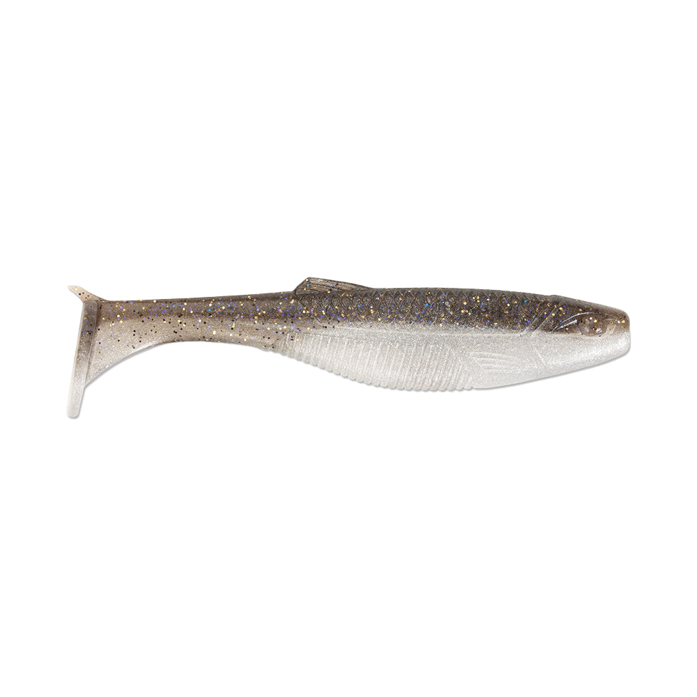 The Rapala Crush City The Mayor Swimbait, by Rapala, is a soft plastic lure shaped like a small fish with a speckled brown back and lighter underside. It features a paddle tail to mimic natural swimming movements, making it perfect for attracting big bass.