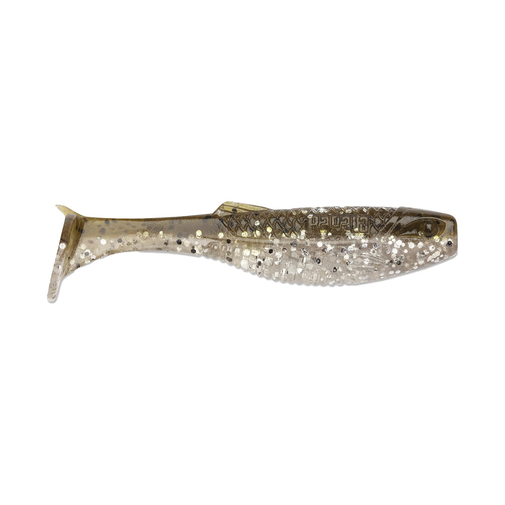 The Rapala Crush City The Mayor Swimbait by Rapala is a soft plastic lure with a paddle tail, transparent body, and metallic glitter. Designed for big bass, its textured details mimic scales and fins to attract trophy catches.