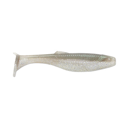 The Rapala Crush City The Mayor Swimbait, by Rapala, is a translucent, sparkly lure shaped like a small fish with a paddle tail and textured sides to mimic bait for big bass fishing.
