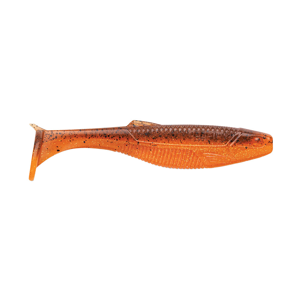 The Rapala Crush City The Mayor Swimbait by Rapala is a soft plastic swimbait shaped like a small fish with an orange hue and black speckles. It features a ribbed body and paddle tail, making it enticing to big bass.