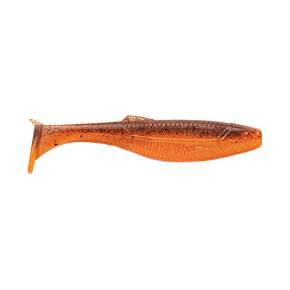 The Rapala Crush City The Mayor Swimbait by Rapala is a soft plastic swimbait shaped like a small fish with an orange hue and black speckles. It features a ribbed body and paddle tail, making it enticing to big bass.