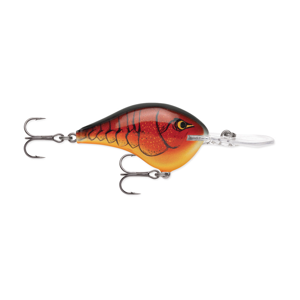 The Rapala DT Series Crankbaits by Rapala is a balsa wood fishing lure with a fish-like shape, an orange and red pattern, a clear plastic lip, and two treble hooks.