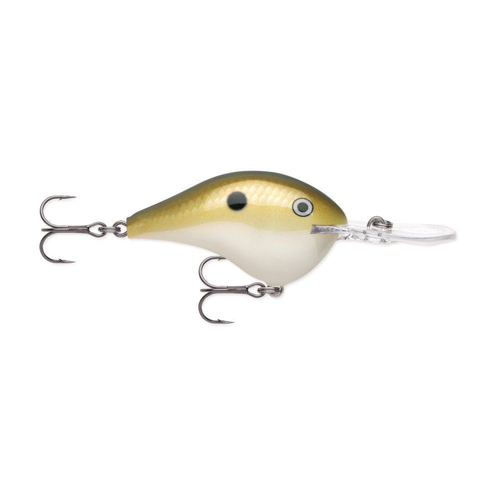 The Rapala DT Series Crankbaits by Rapala features a white and green balsa wood body with a black dot near the head, two treble hooks, and a clear lip for diving to mimic small fish effectively.