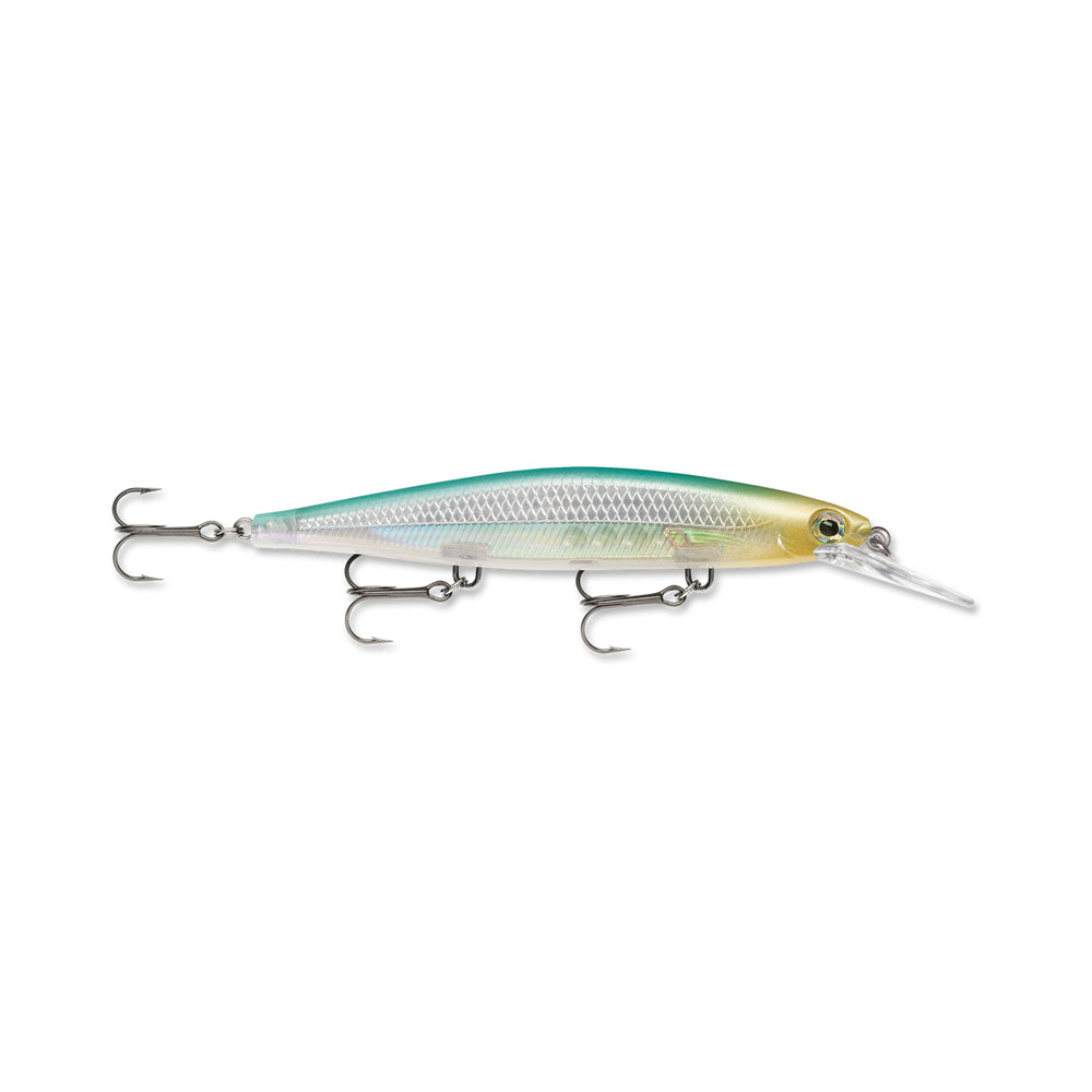 The Rapala Shadow Rap Deep Jerkbaits features a metallic body with a blue-green top, silvery sides, and white belly. With three treble hooks and a clear lip, it mimics minnow action effectively to entice fish.