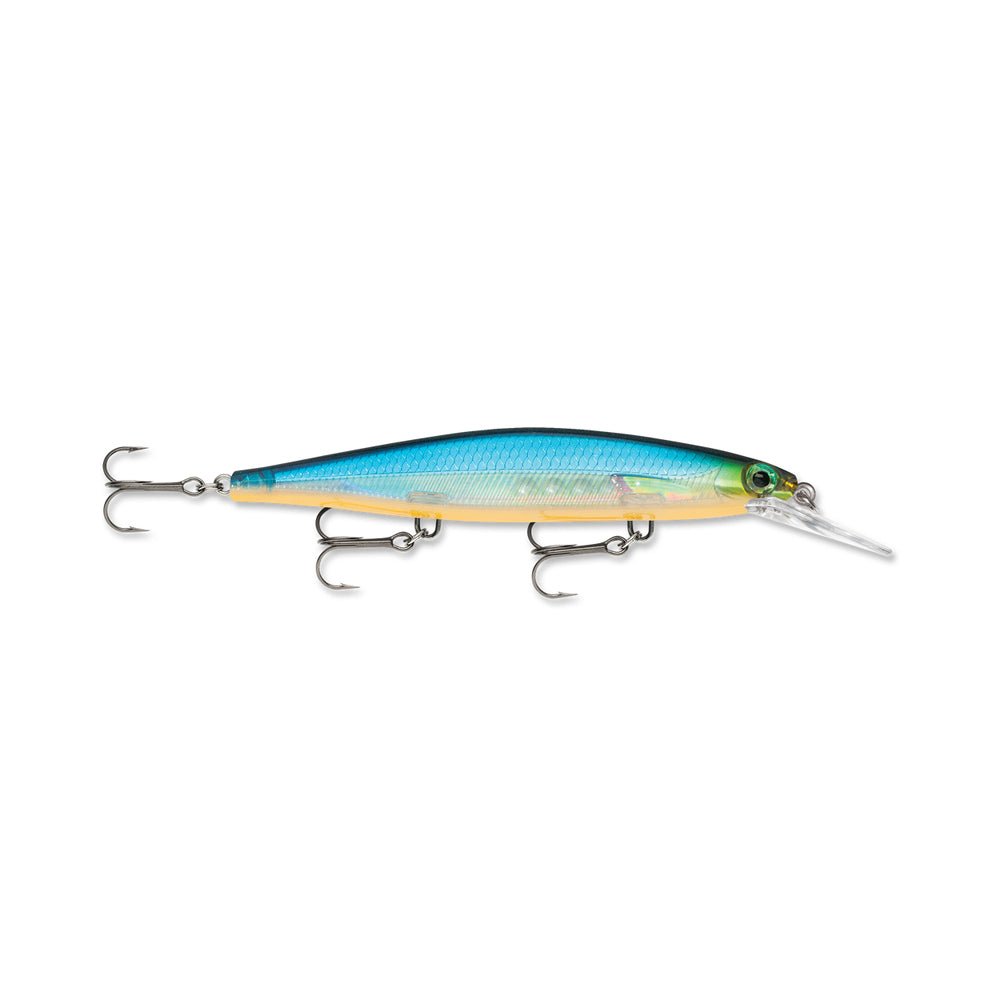 The Rapala Shadow Rap Deep Jerkbaits features a blue and green lure with three treble hooks, a clear diving lip, and mimics minnow action. Its streamlined fish-like shape and reflective surface highlight its appeal among deep jerkbaits.