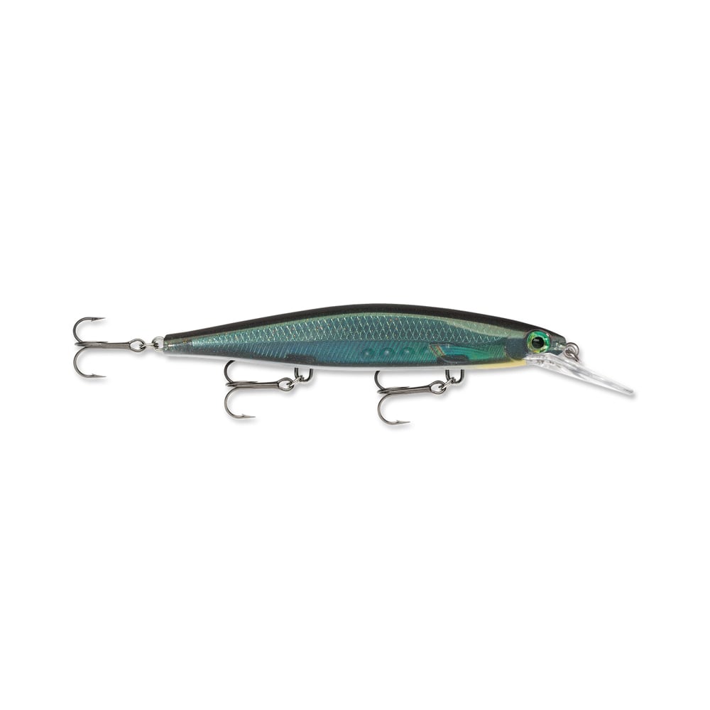 Introducing Rapala's Shadow Rap Deep Jerkbaits, a slender fishing lure with a blue-green iridescent finish. Designed for dynamic minnow action, it features three treble hooks and a transparent front lip for perfect diving.