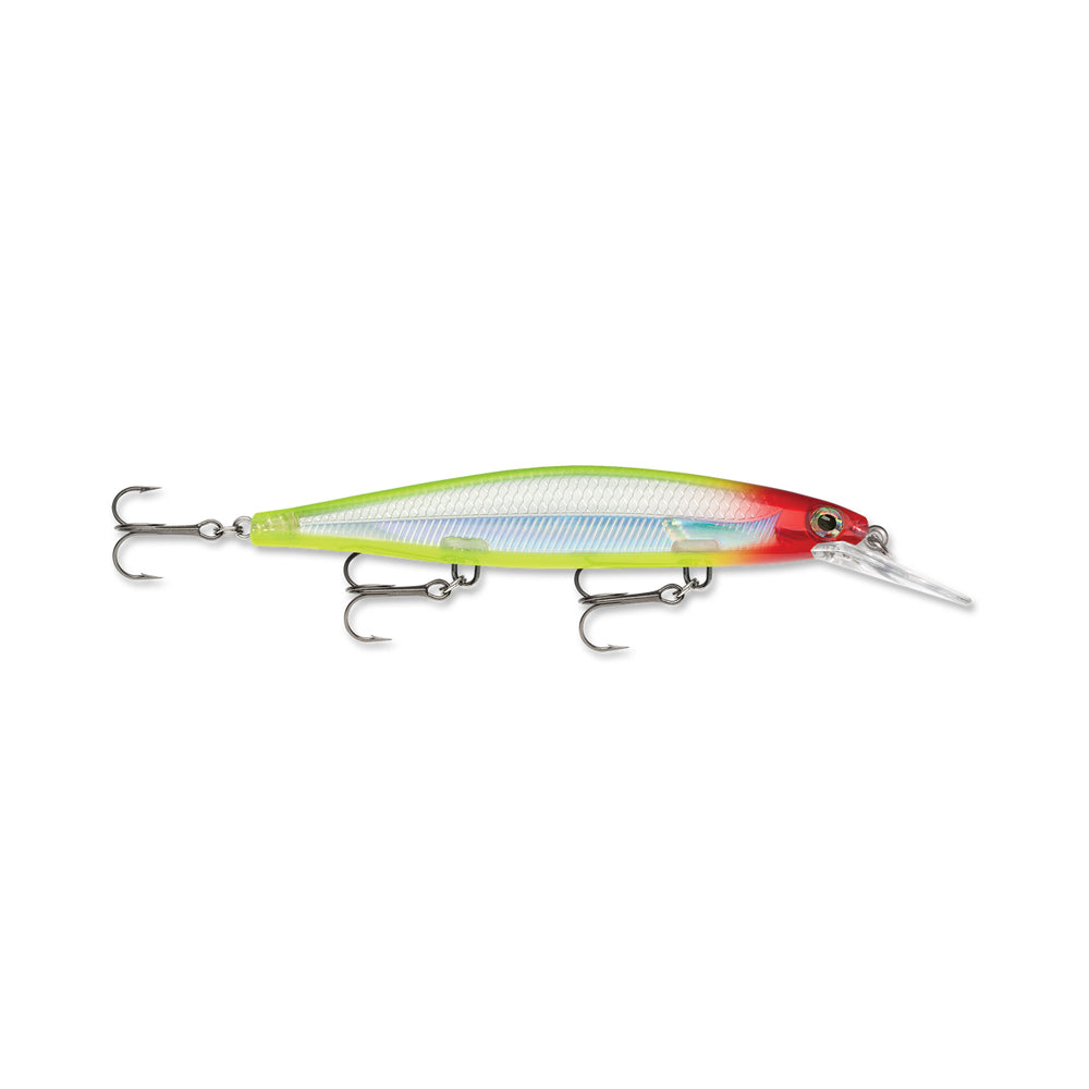 The Rapala Shadow Rap Deep Jerkbaits feature a sleek design with a green body, red head, and white underbelly. Equipped with three treble hooks and a transparent plastic lip, it delivers realistic minnow action, making it one of the top-performing jerkbaits for anglers.