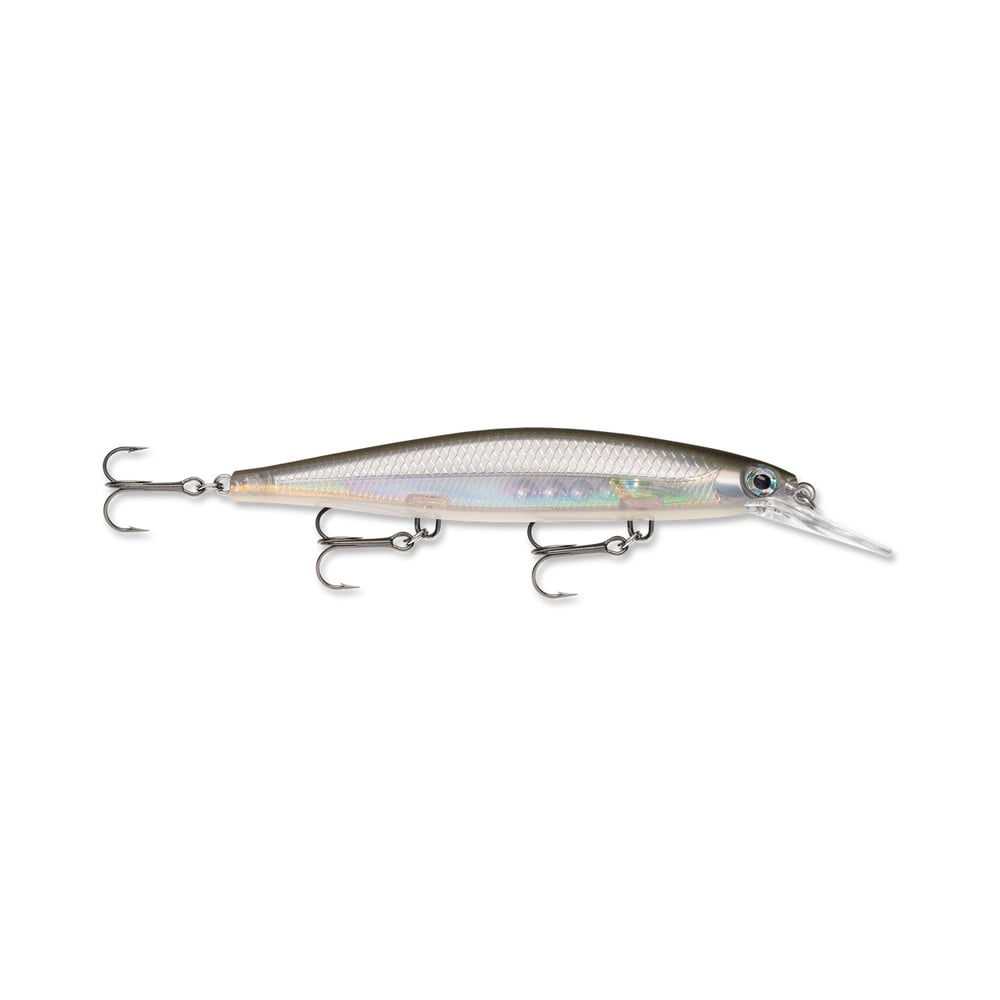 The Rapala Shadow Rap Deep Jerkbaits is a silver fishing lure with a sleek, fish-like shape that mimics minnow action. It includes three treble hooks on the underside and a transparent front lip for diving action.