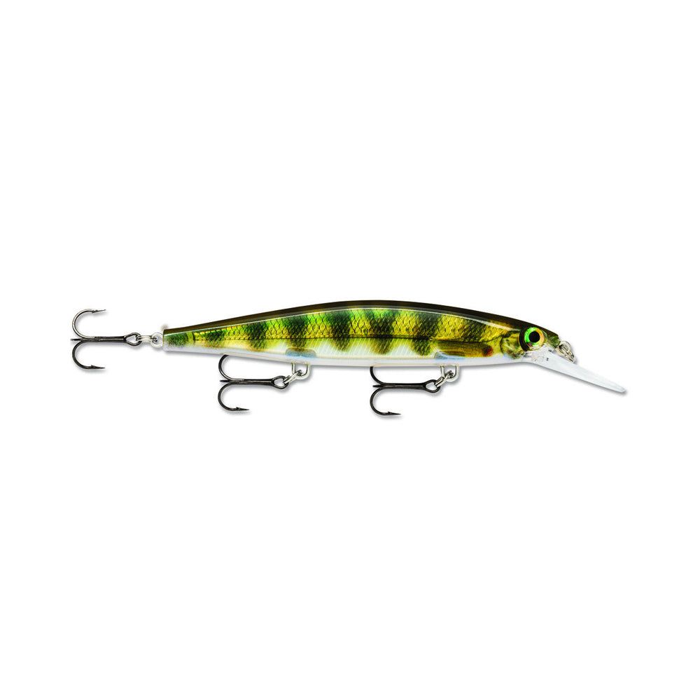 The Rapala Shadow Rap Deep Jerkbaits by Rapala is a green and yellow fishing lure designed to resemble a fish, featuring minnow action with a slender body, vertical stripes, a long plastic lip for deep jerkbaits, and three treble hooks on the underside.