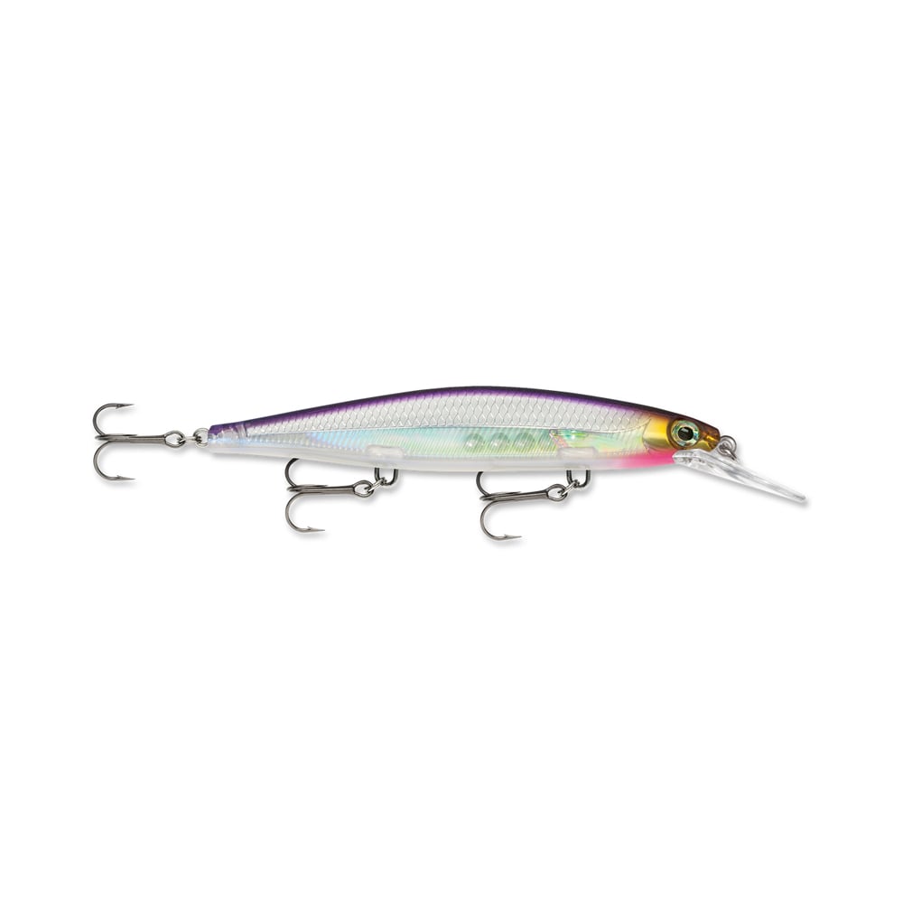 The Rapala Shadow Rap Deep Jerkbaits, by Rapala, is a multicolored fishing lure with a metallic sheen, featuring a long slender body and three treble hooks. Its reflective purple, blue, and yellow surface mimics a small fish with minnow action.
