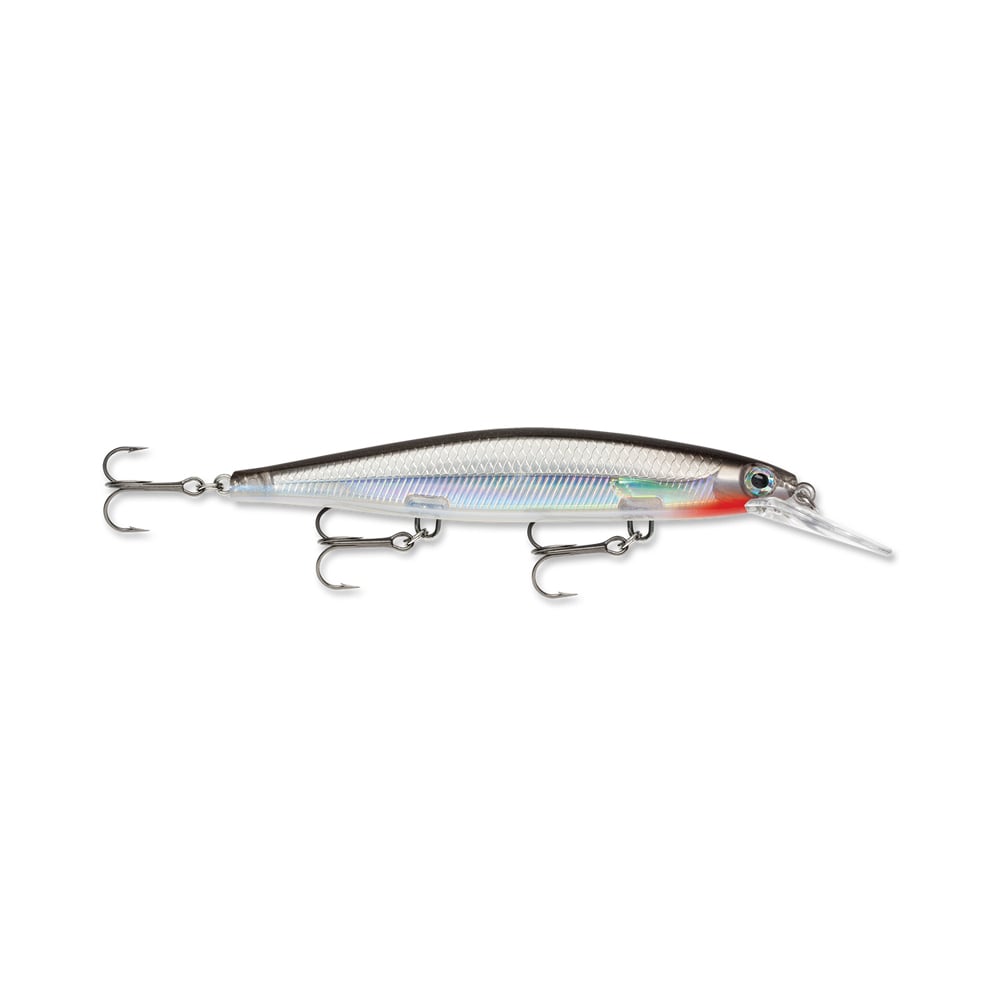 The Rapala Shadow Rap Deep Jerkbaits mimic small fish with a metallic body, minnow action, and red front accent. It features three treble hooks and a transparent diving lip.