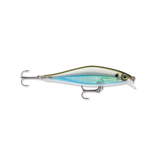 The Rapala Shadow Rap Shad Jerkbaits feature a reflective blue and green design, sharp silver hooks on both ends, and realistic gamefish details like a detailed eye and scaled texture.