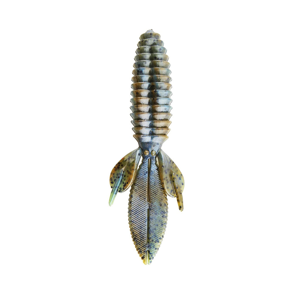 An illustration of a ribbed, spiral ammonite fossil resembles the Reaction Innovations Sweet Beaver 4.20 bait, with two long fin-like appendages and a fan-shaped tail on a white background.